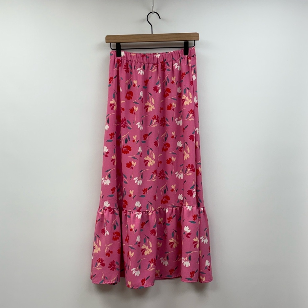 Ann Taylor LOFT Floral Pull-On Elastic Waist Peplum Maxi Skirt Pink XS